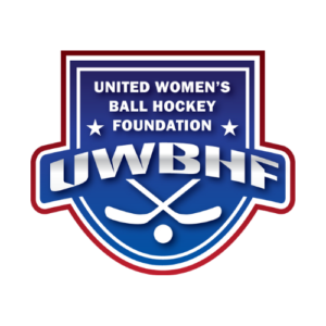 Logo of the United Women's Ball Hockey Foundation featuring a blue shield with a white border, two white stars, and the abbreviation 'UWBHF' in bold letters. The shield includes crossed hockey sticks and a ball at the bottom.